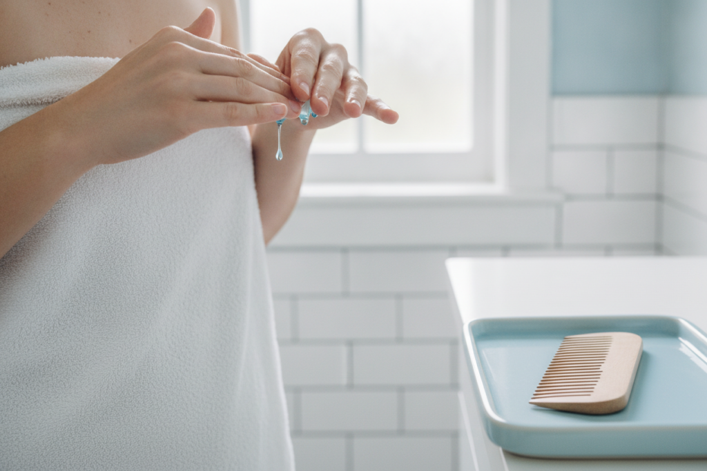Gentle scalp care routine with serum and clean towel Gentle scalp care routine with serum and clean towel