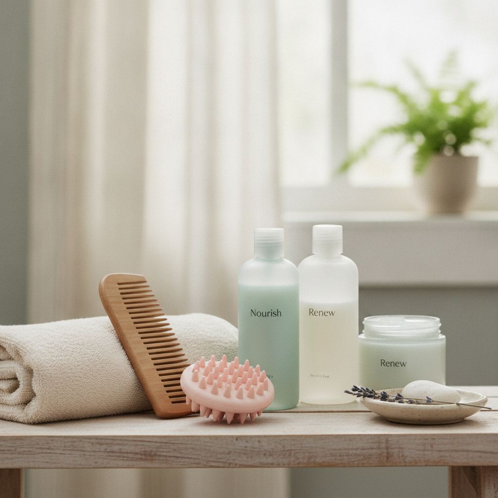 Gentle scalp care tools and a soft towel on a bathroom shelf