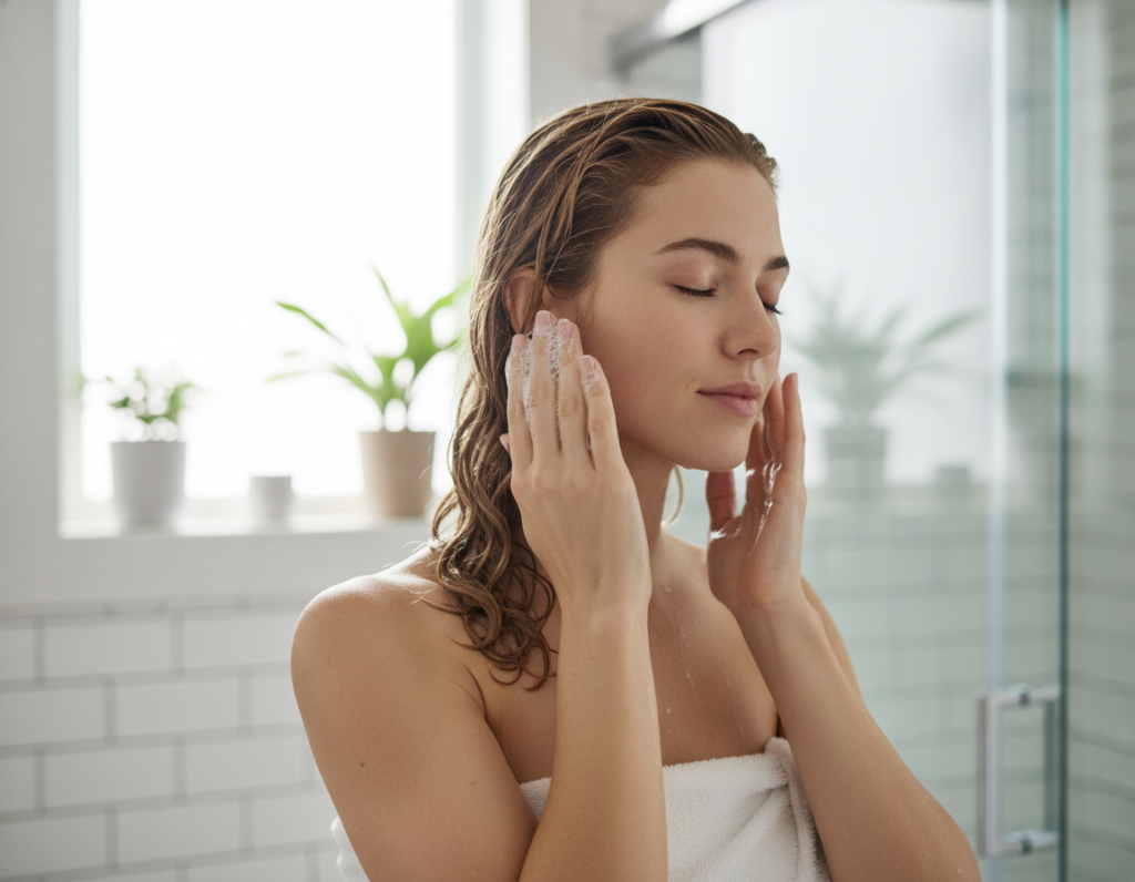 Gentle scalp care with shampoo and fingertips during hair washing Gentle scalp care with shampoo and fingertips during hair washing