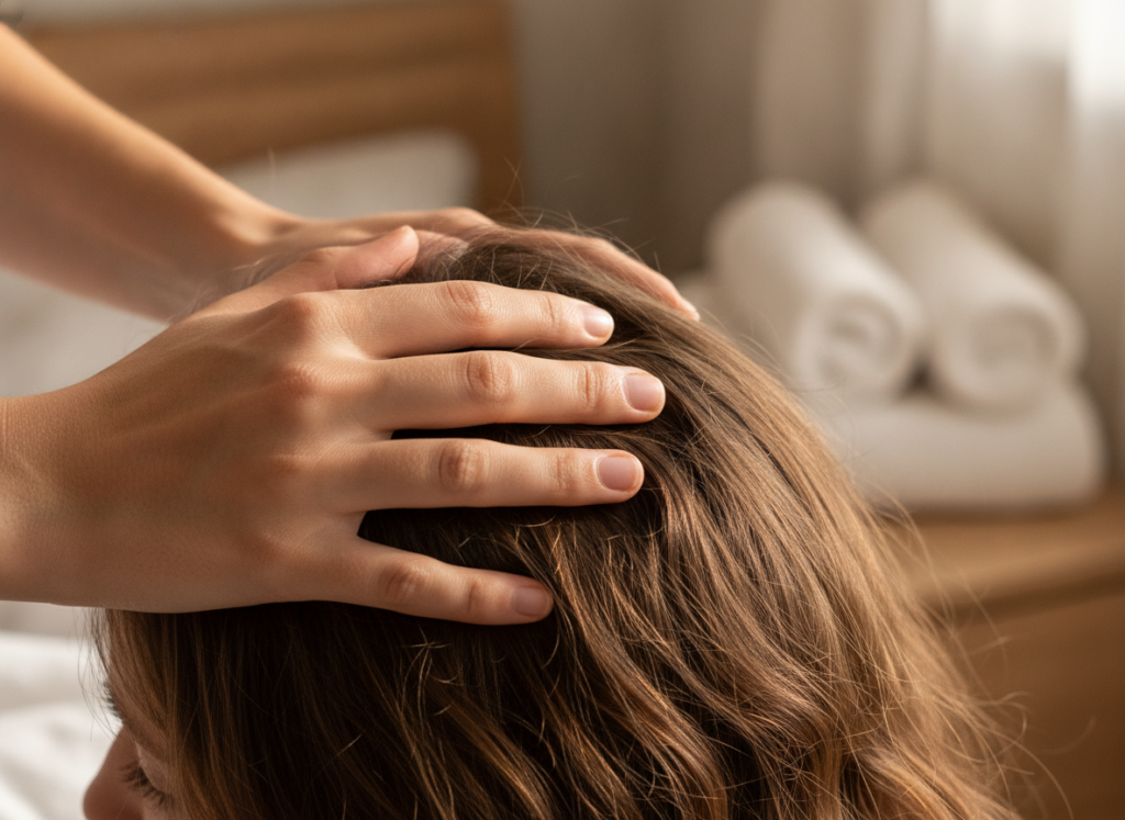 Gentle scalp massage as part of Hair Growth Tips Faster at Home