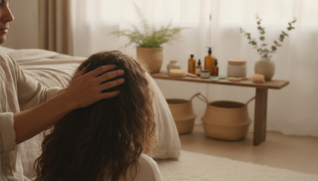Gentle scalp massage as part of a fenugreek hair care routine