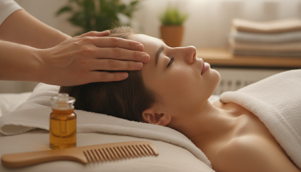 Gentle scalp massage as part of a regular hair routine Gentle scalp massage as part of a regular hair routine