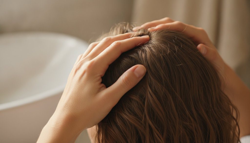 Gentle scalp massage during a hair care routine