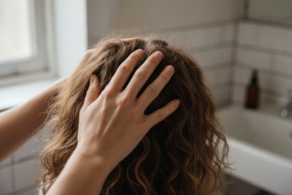 Gentle scalp massage during a hair care routine