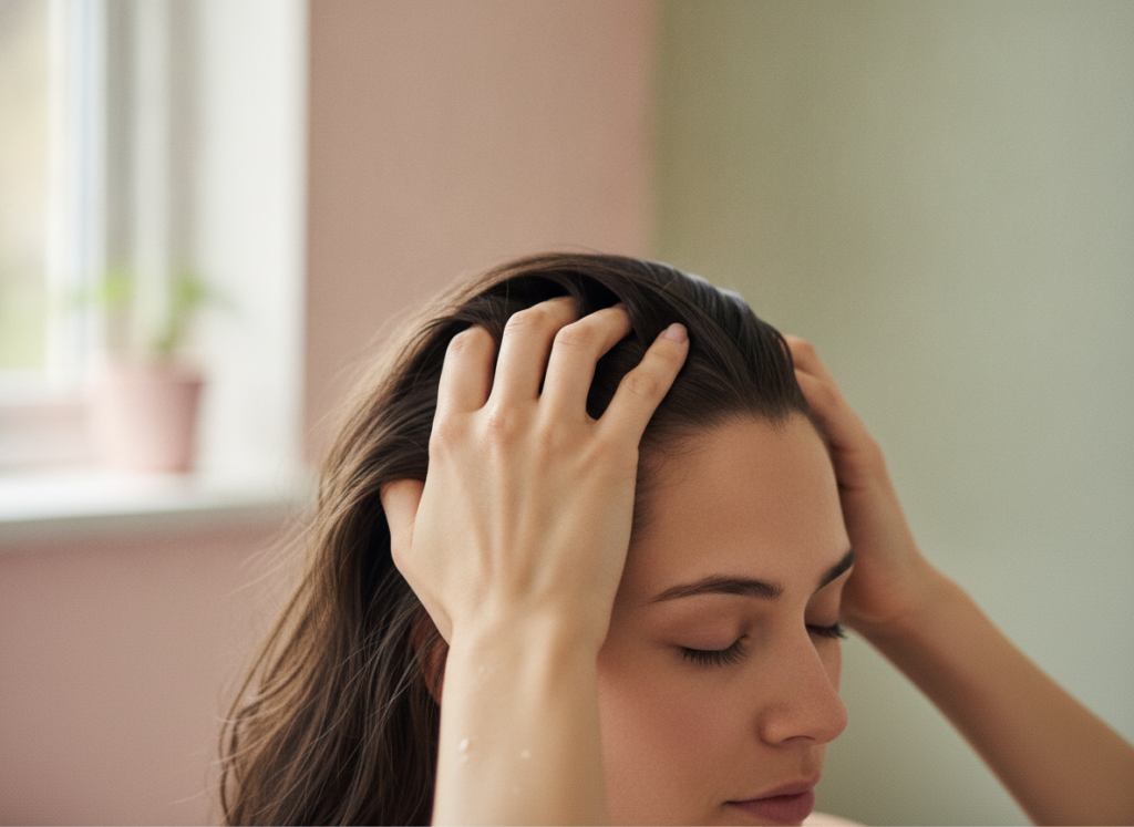 Gentle scalp massage for growth FAQ concept with natural hair and calm home care