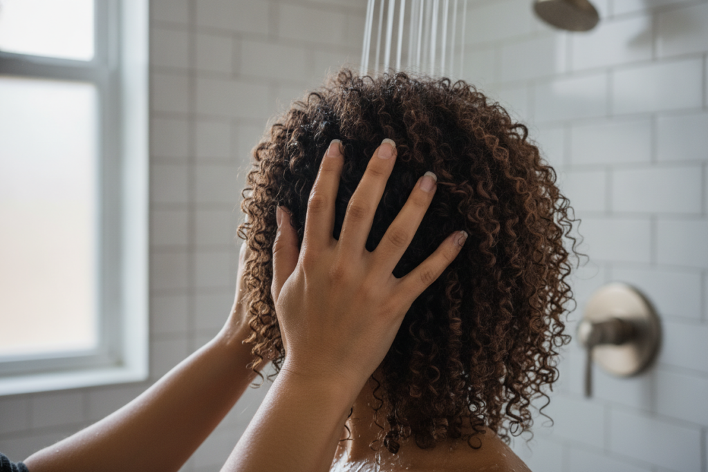 Gentle shampoo application on curly hair scalp