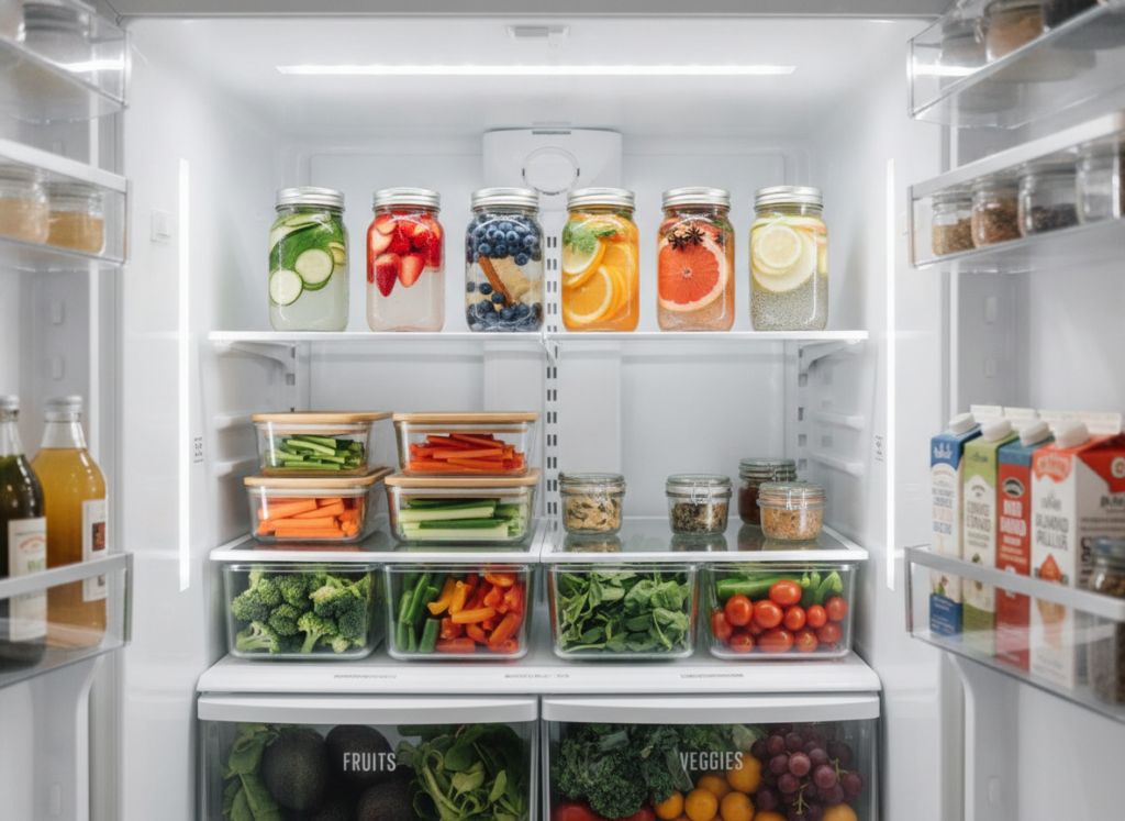 Glass jars of detox water properly stored in refrigerator with fresh ingredients