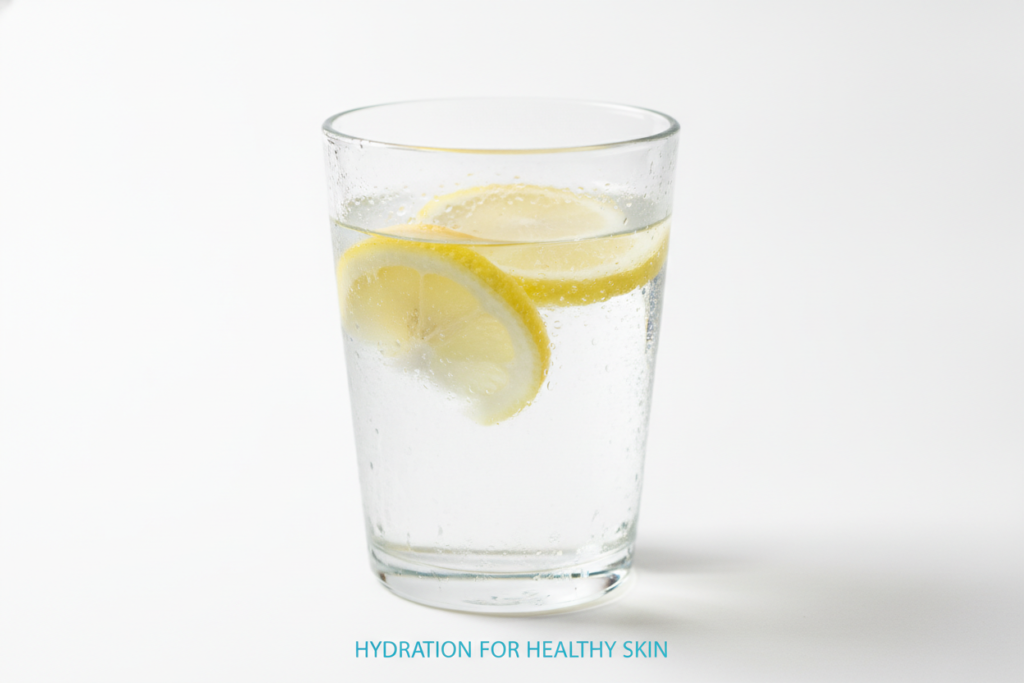 Glass of water with fresh lemon slices for skin hydration and glowing complexion
