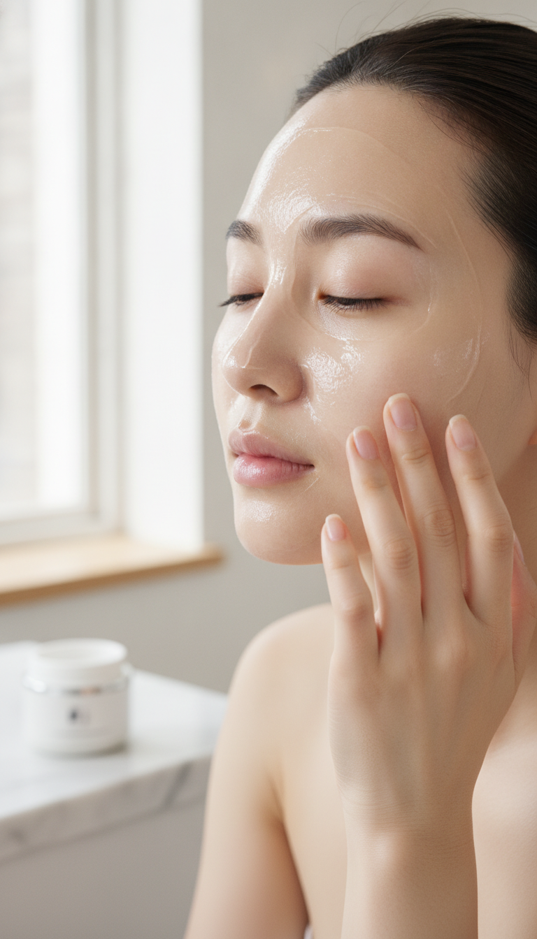 Glass skin face mask creating luminous dewy complexion on woman's face