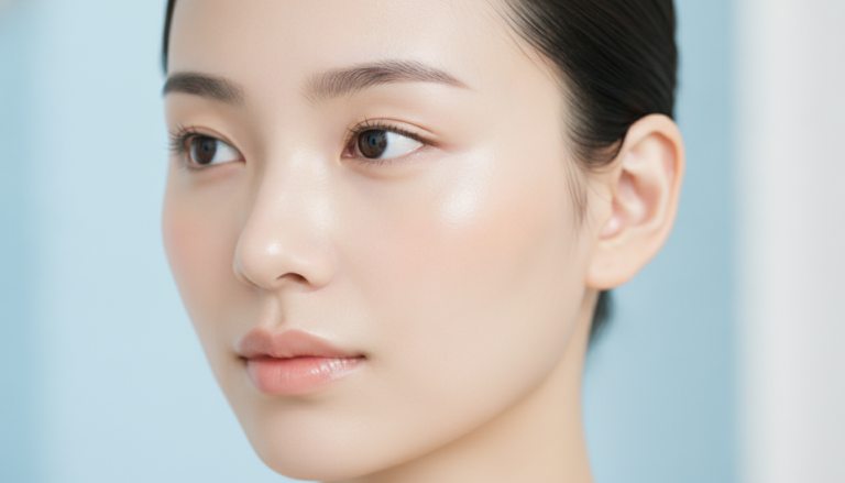 Glass skin routine demonstration showing luminous translucent complexion