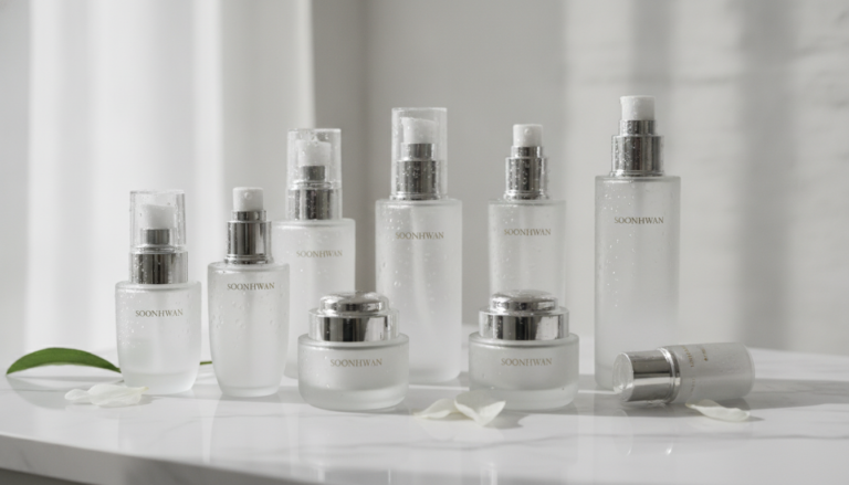 Glass skin routine products arranged on marble surface with dewy skin effect