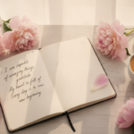 Glow Up Affirmations Aesthetic journal with flowers and morning light