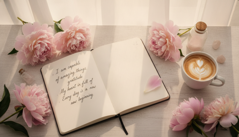 Glow Up Affirmations Aesthetic journal with flowers and morning light
