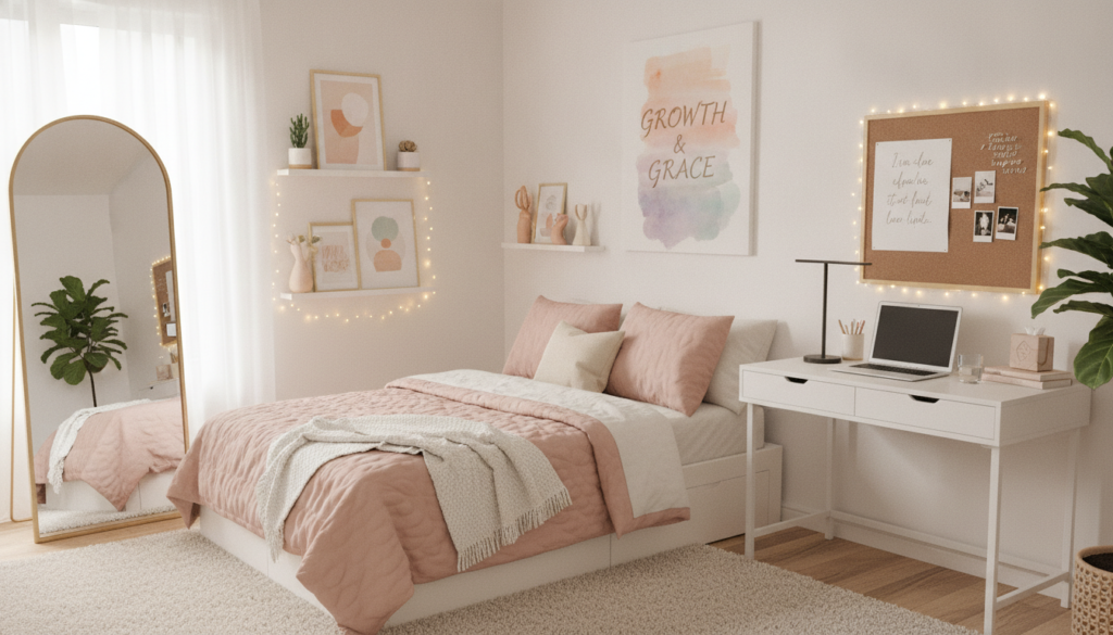 Glow Up Era Aesthetic bedroom makeover with organized beauty station