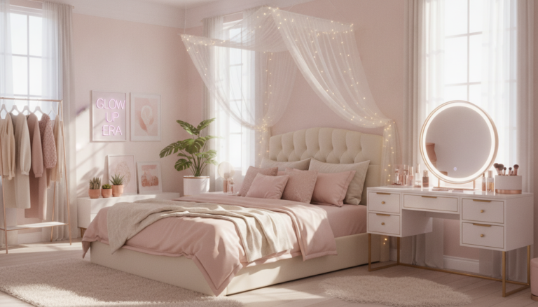 Glow Up Era Aesthetic bedroom with soft pink tones and organized beauty setup