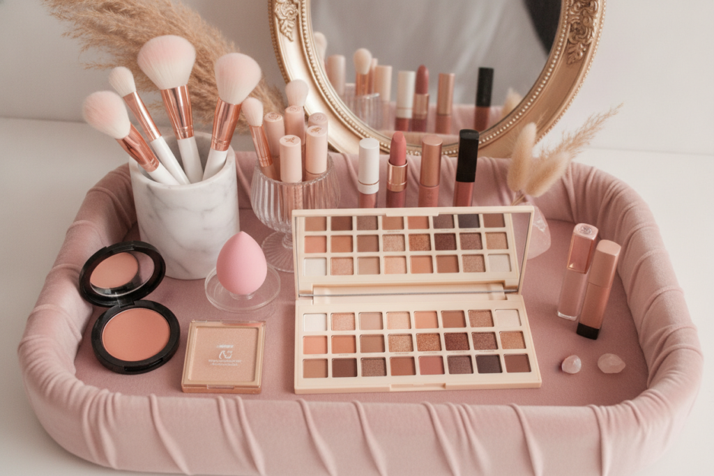 Glow Up Era Aesthetic makeup collection and beauty tools