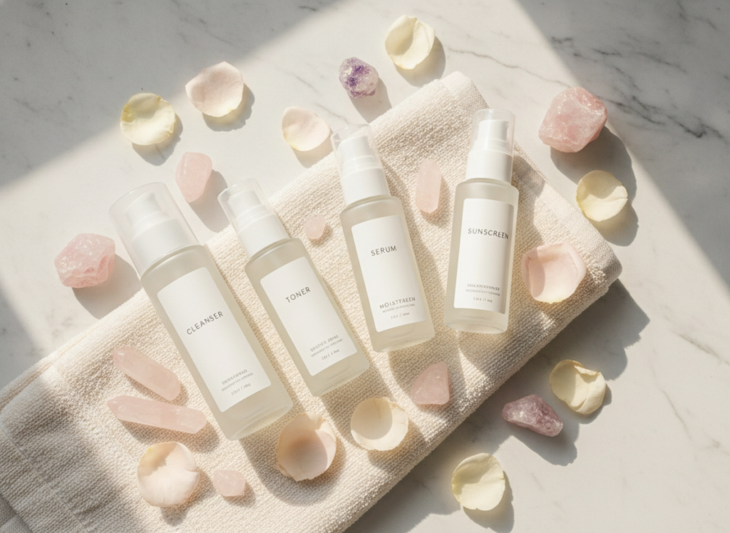 Glow Up Era Aesthetic skincare routine products arranged beautifully