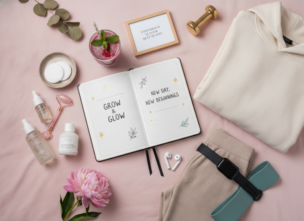 Glow Up Era Aesthetic style elements including skincare, fashion items, and wellness products