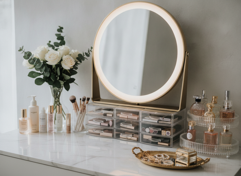 Glow Up Era Aesthetic vanity organization with beauty products display