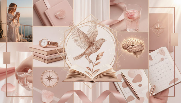 Glow up vision board aesthetic with luxury lifestyle imagery and personal growth elements