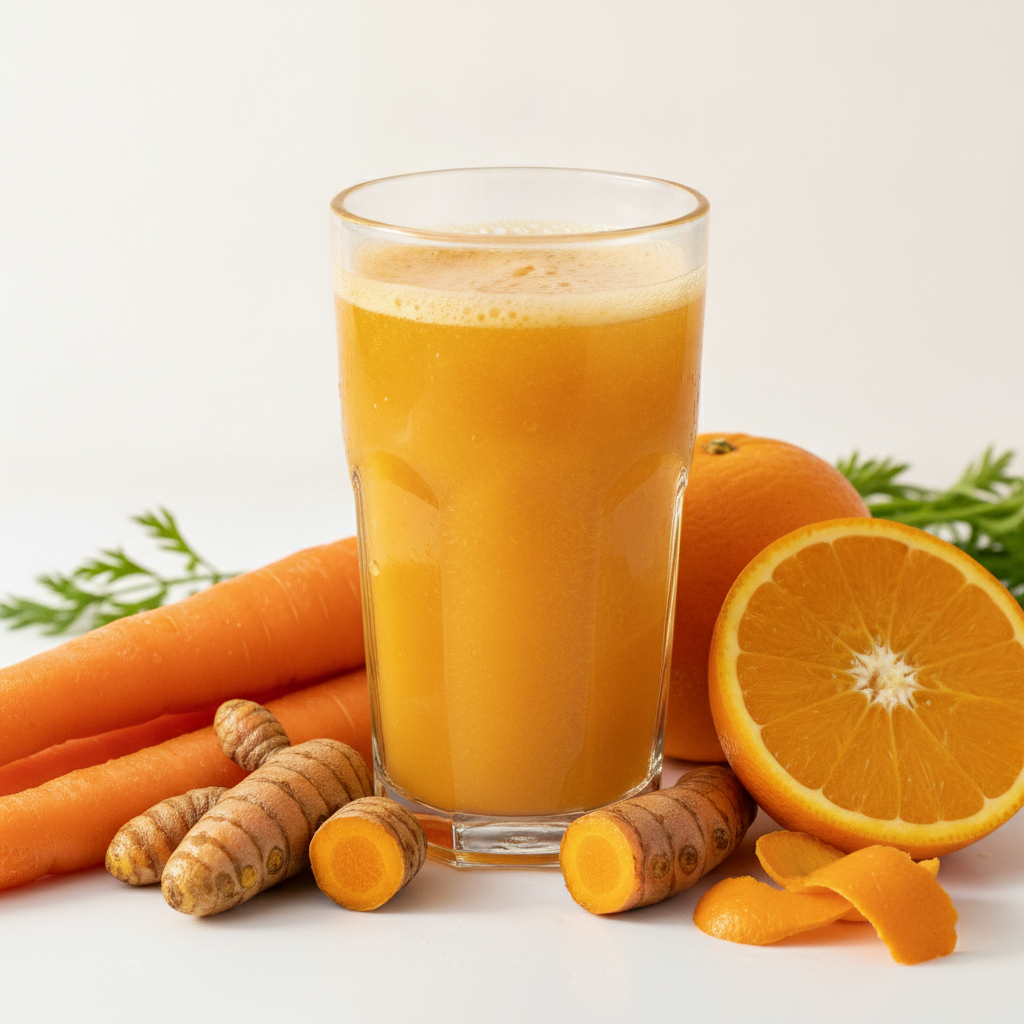 Golden orange carrot juice recipe for healthy skin with turmeric and ginger