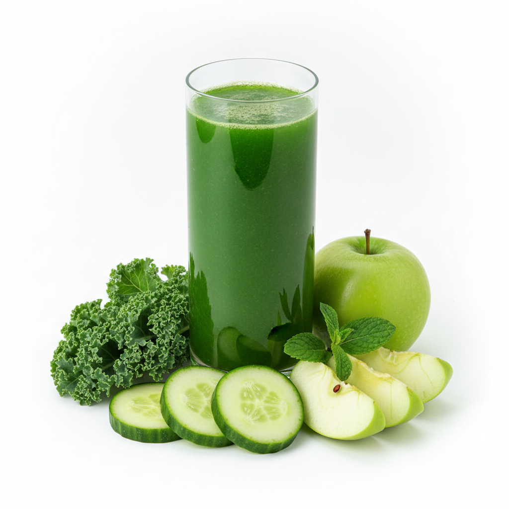 Green juice recipe for healthy glowing skin with leafy vegetables and cucumber