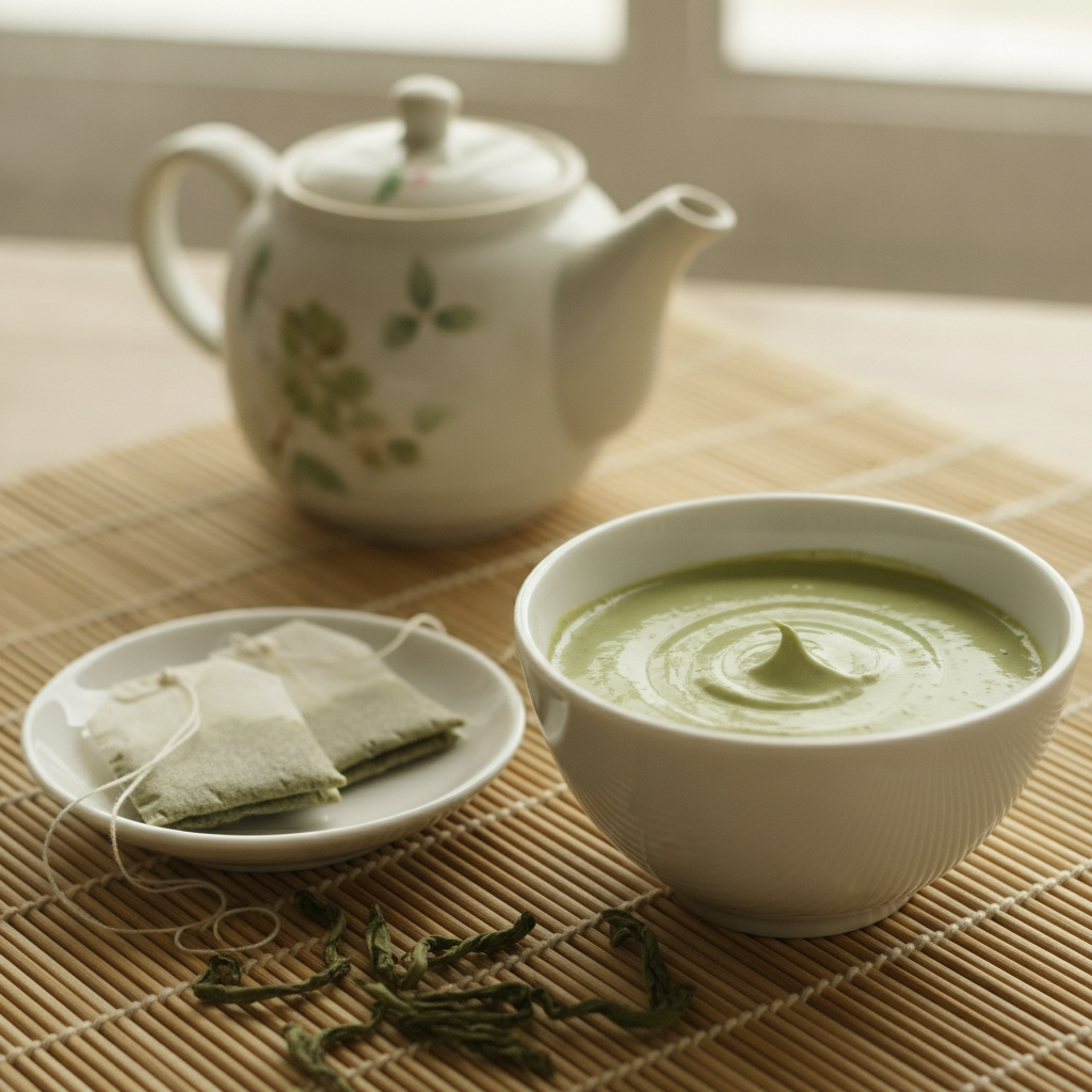 Green tea face mask in bowl with tea bags Green tea face mask in bowl with tea bags