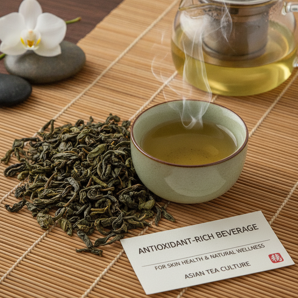 Green tea leaves and brewed tea for antioxidant skin protection