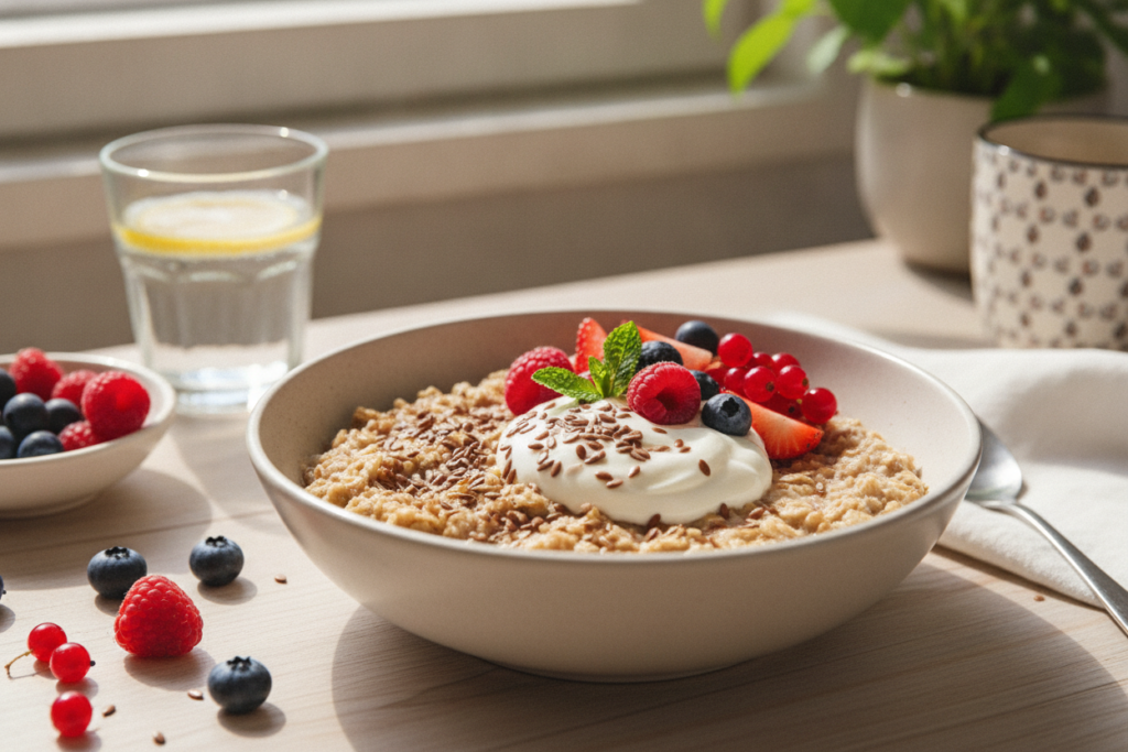 Ground flax seeds added to a healthy breakfast Ground flax seeds added to a healthy breakfast