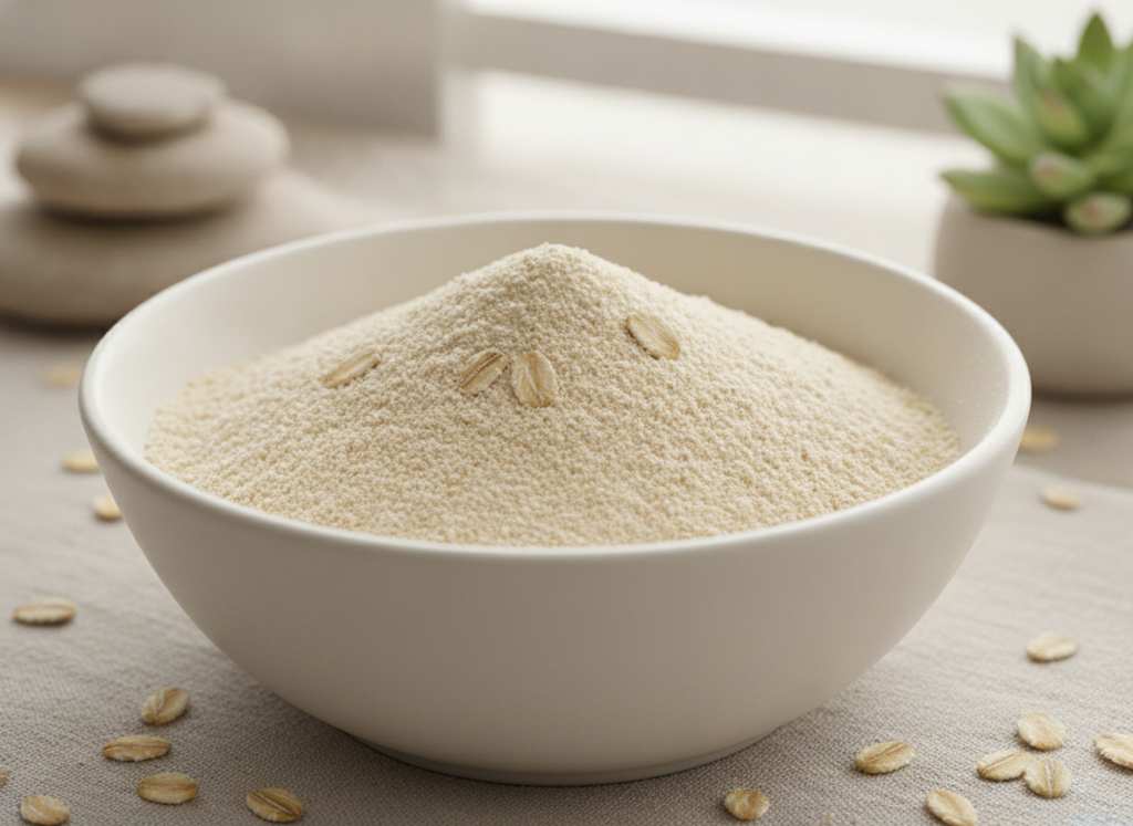 Ground oatmeal in bowl for gentle exfoliating skin care home remedies
