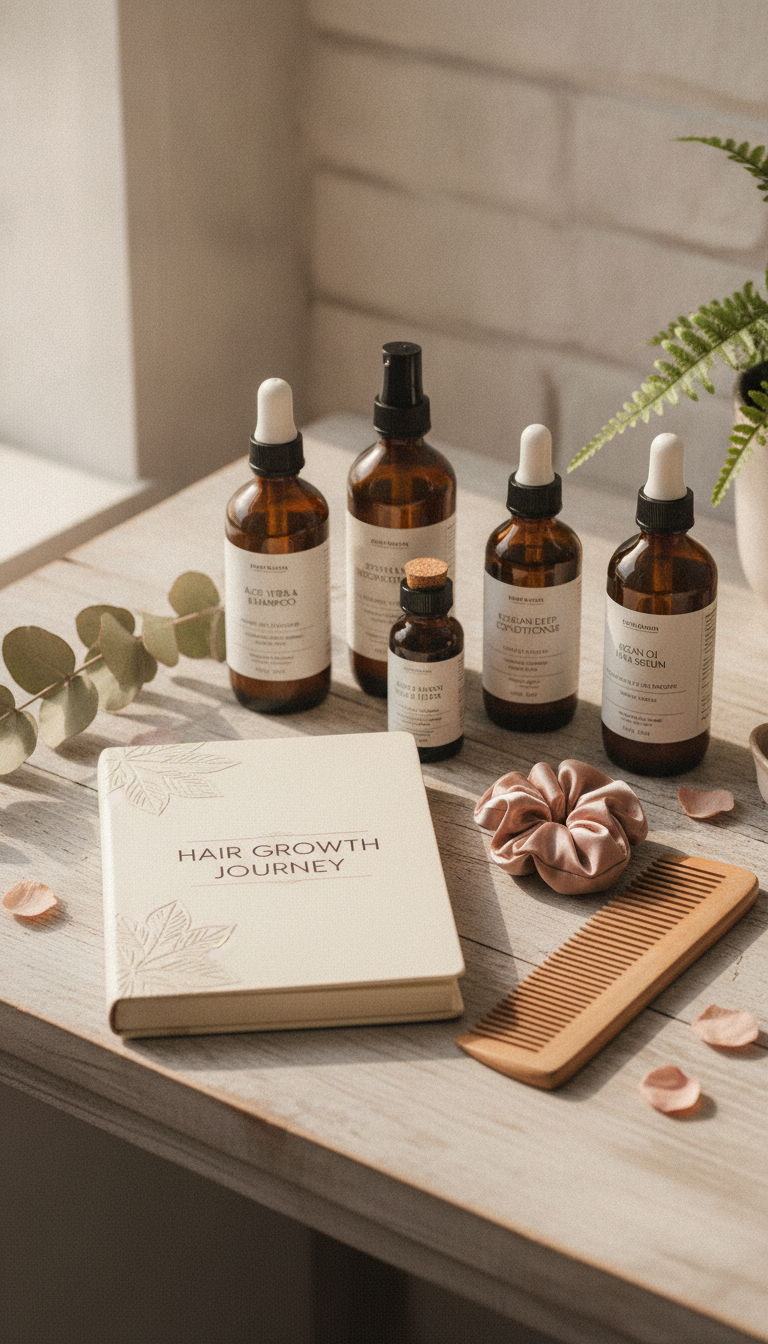 Hair Growth Challenge journal beside natural hair care products