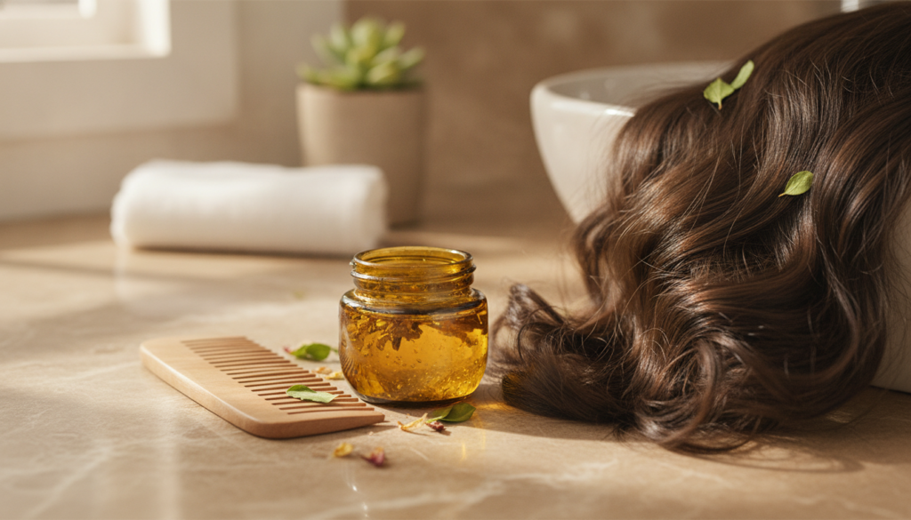 Hair Growth Oil Recipe finished blend beside healthy-looking natural hair Hair Growth Oil Recipe finished blend beside healthy-looking natural hair