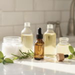 Hair Growth Oil Recipe ingredients arranged beside a glass jar