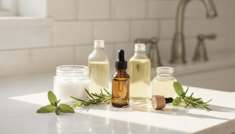 Hair Growth Oil Recipe ingredients arranged beside a glass jar