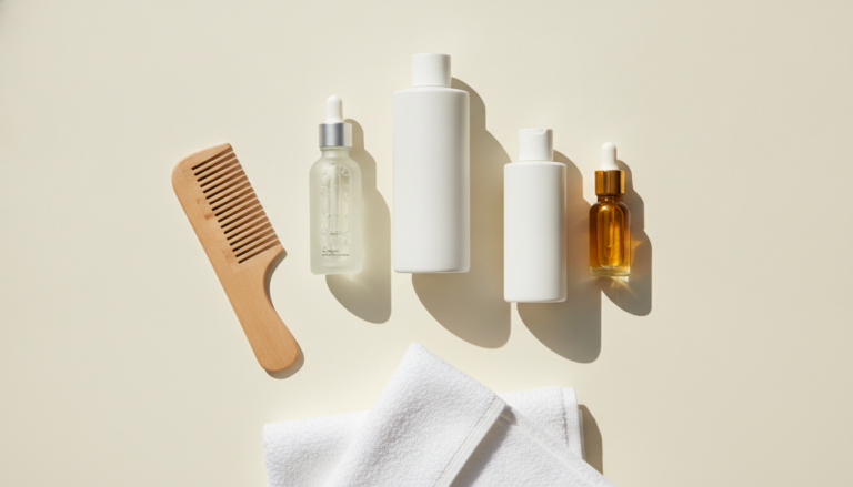 Hair Growth Products arranged beside a healthy scalp care routine
