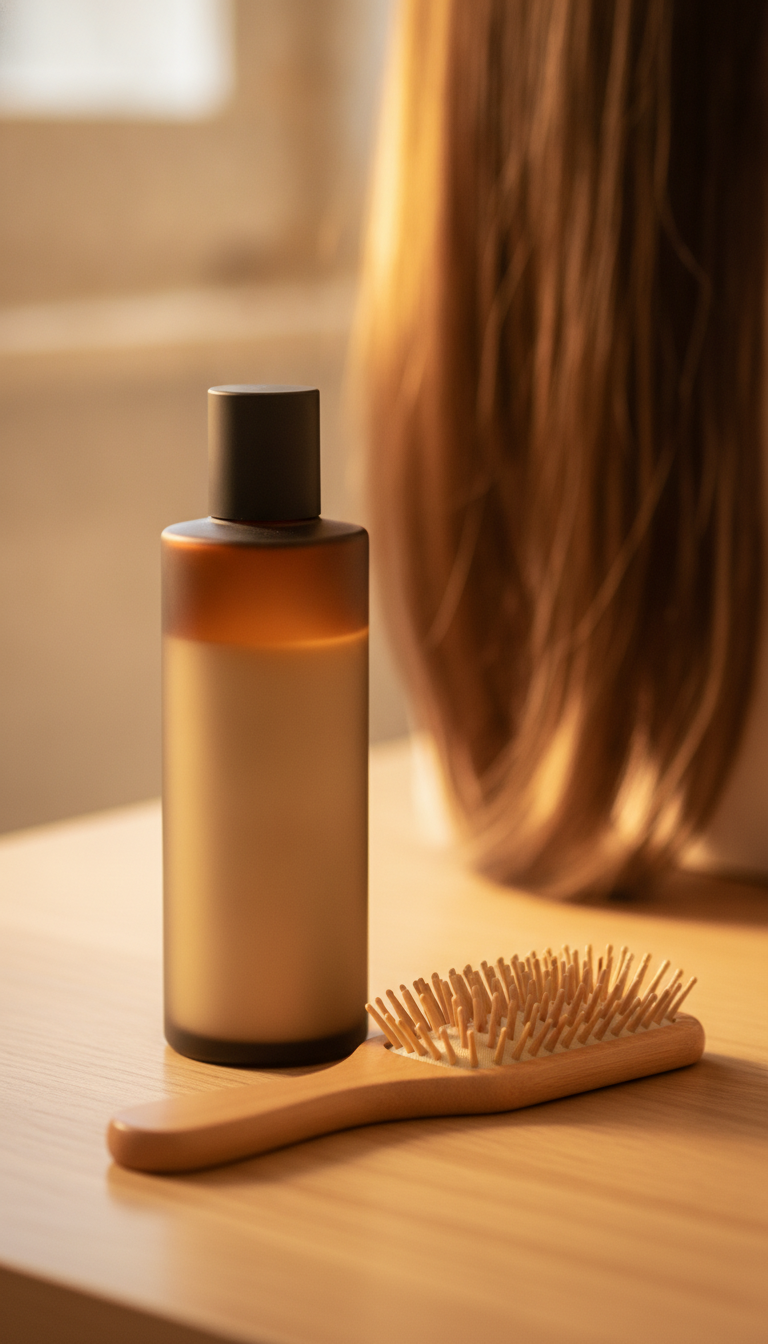 Hair Growth Shampoo bottle beside a healthy hair brush