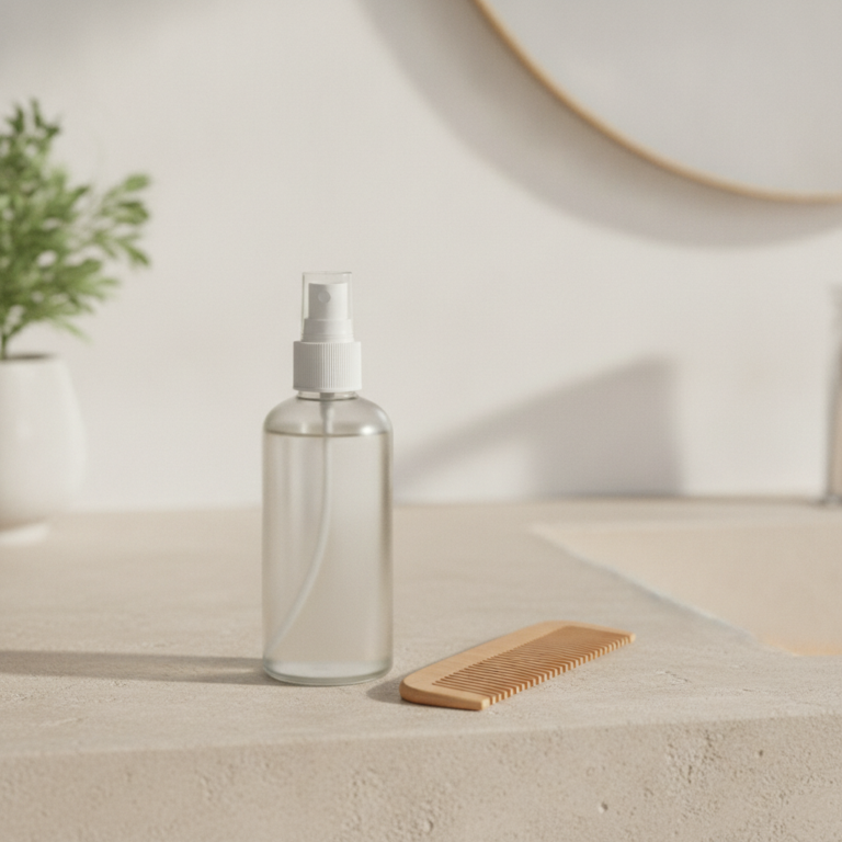 Hair Growth Spray bottle beside a clean comb