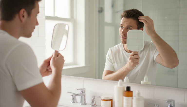 Hair Growth Tips for Men with a man checking his hair in natural light