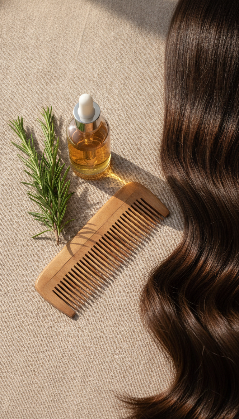 Hair Growth Tonic bottle beside rosemary and healthy hair