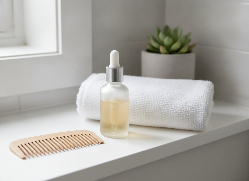 Hair Growth Tonic dropper and comb on a bathroom shelf
