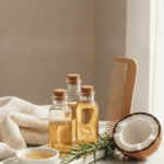 Hair Oil for Hair Growth bottles beside a healthy scalp care routine
