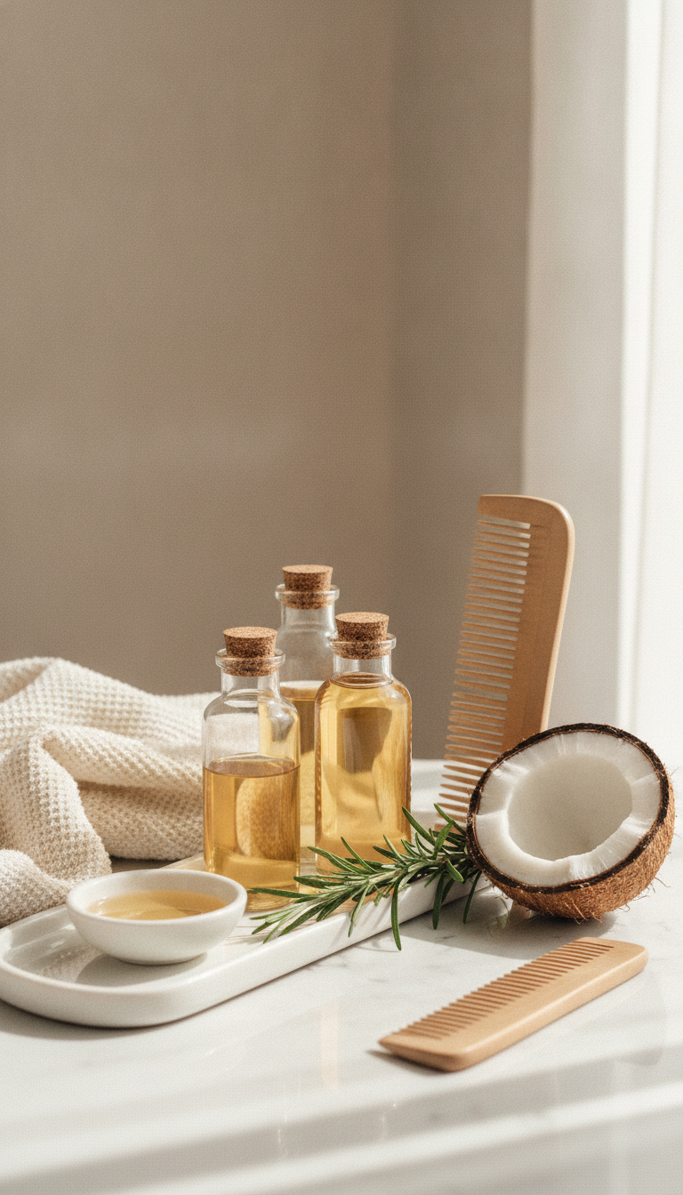 Hair Oil for Hair Growth bottles beside a healthy scalp care routine
