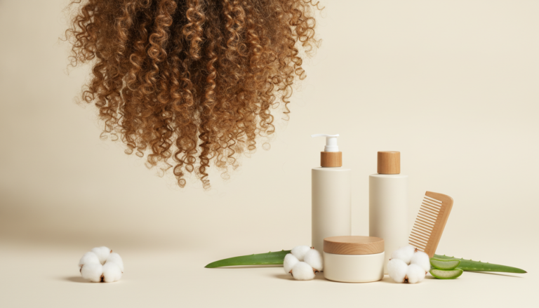 Hair Products for Low Porosity Hair arranged beside healthy curls