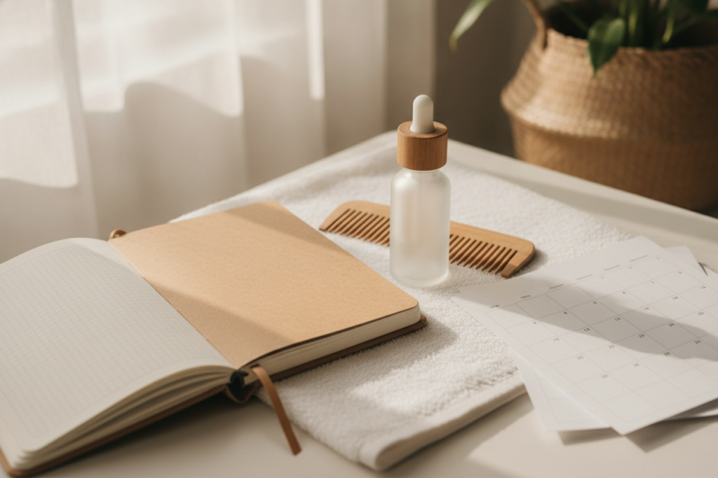 Hair care journal and oil routine supplies on a bathroom counter Hair care journal and oil routine supplies on a bathroom counter