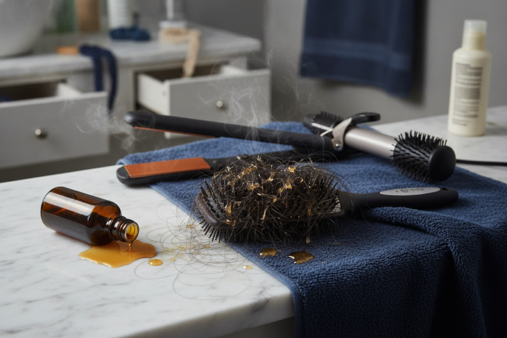 Hair-care mistakes including excessive heat and too much oil