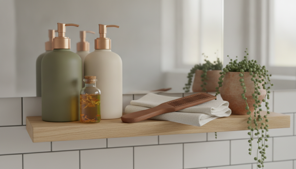 Hair care products being simplified on a bathroom shelf
