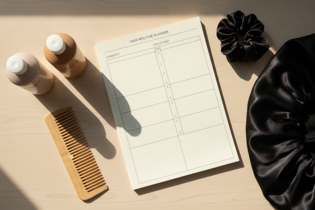 Hair growth routine planner beside hair care products