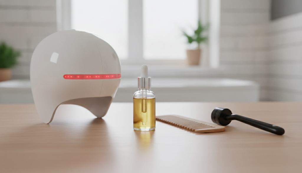 Hair growth routine with serum and laser device kept separate from a roller