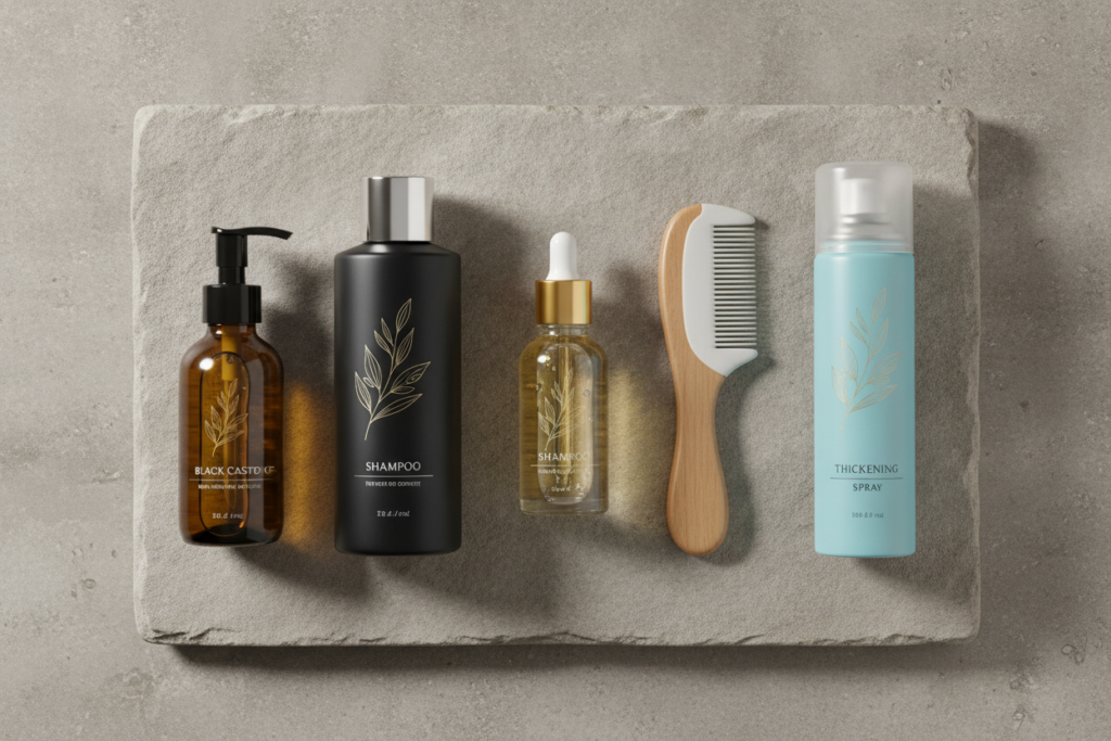 Hair growth serum, castor oil, shampoo, and thickening spray