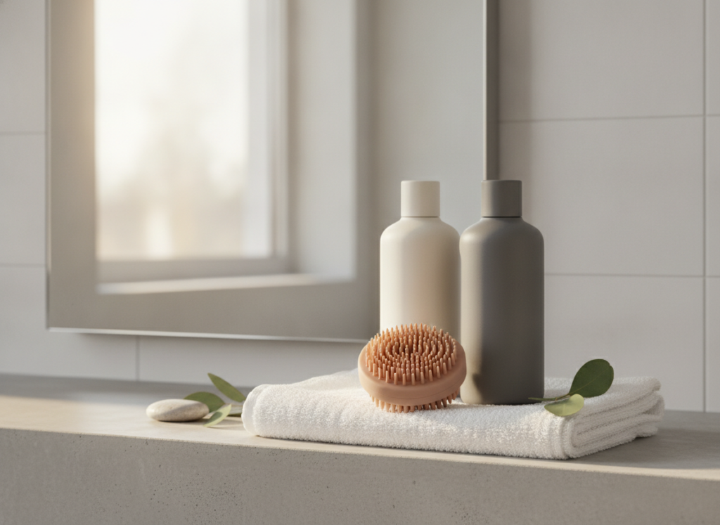 Hair growth shampoo and conditioner beside a scalp brush Hair growth shampoo and conditioner beside a scalp brush